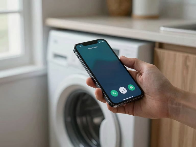 Close-up of a hand holding a smartphone showing a call screen, resting on a kitchen counter near a washing machine, clean window light from the left, shallow depth of field