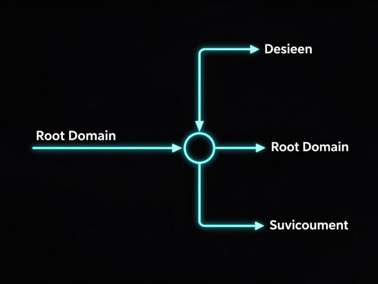 Wide panoramic tight vector flowchart showing traffic splitting between a root domain and an isolated subdomain environment, sharp neon-cyan routing lines on a deep black background.