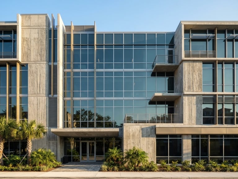Clean architectural photography of a modern concrete and glass office building facade in St. Augustine Florida, bright morning daylight, desaturated deep blue and warm gold tones, sharp focus.
