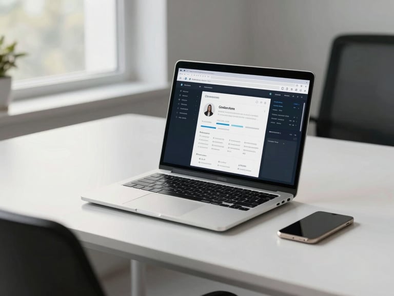 Minimalist corporate workspace with a clean desk, modern laptop showing a secure network dashboard, soft natural daylight.