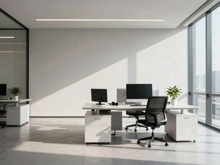 Modern minimalist corporate workspace with clean lines, natural daylight, soft shadows, reflecting professional efficiency.