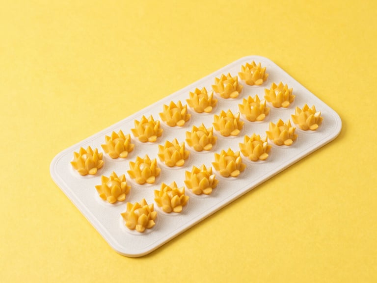 Therapeutic acupressure mat with golden lotus spikes on a vibrant yellow background, clean top-down flat-lay