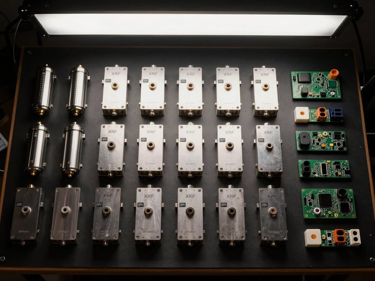 Overhead flat-lay of genuine XRF machine spare parts laid out in precise rows on a matte black workbench—detector modules, X-ray tubes, circuit boards, and connectors—bright studio strobe lighting from above, high contrast, no warm tones