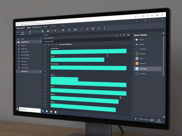 Close-up of a large monitor displaying a polished high-fidelity Figma dashboard prototype with clearly differentiated data tiers and teal accent highlights, clean studio lighting, dark bezel framing the screen