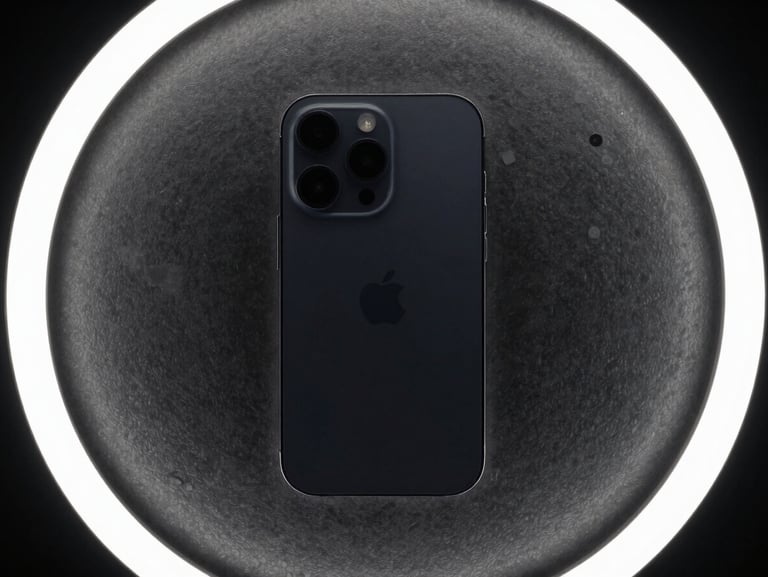 Top-down flat lay of a premium imported flagship smartphone resting on a dark steel workbench, illuminated by moody studio rim lights.