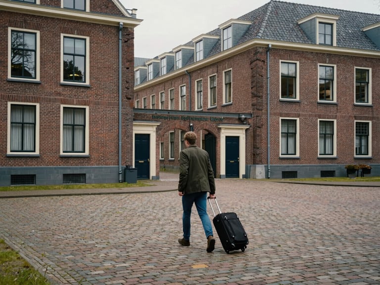 Wide environmental shot of a Dutch university campus courtyard in overcast light, a student pulling a rolling suitcase across cobblestones toward a brick building entrance, seen from behind at mid-distance