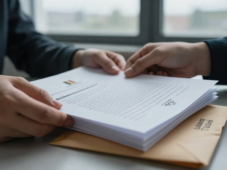 Environmental close-up: hands of a student turning pages of a Belgian university admission letter on a desk, cool overcast daylight through a window, a stamped envelope visible at frame edge