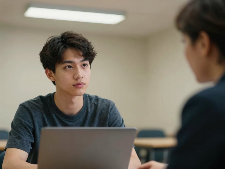 Close-up portrait at eye level of a young male student seated across a table from an advisor, both looking at an open laptop, cool institutional fluorescent light, neutral beige wall behind, mid-conversation not posed