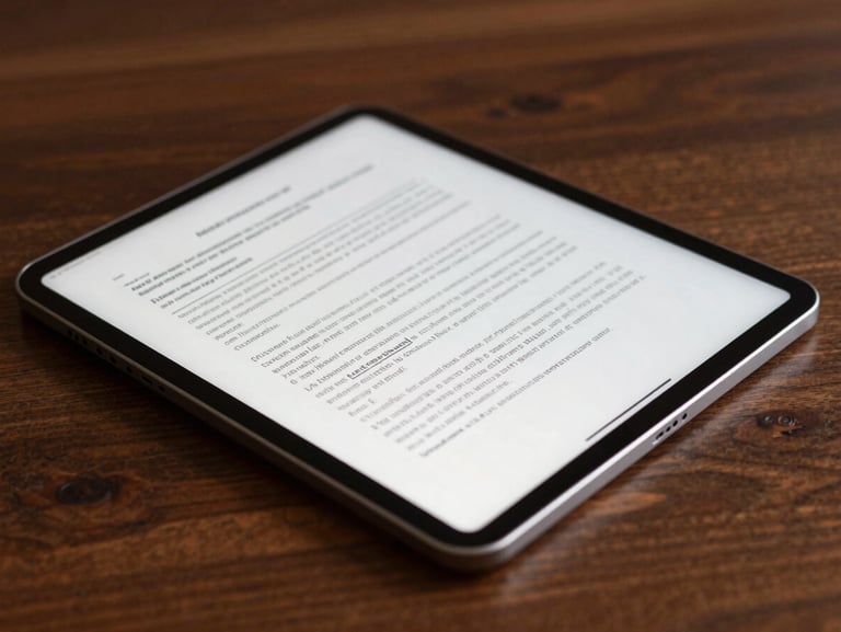 Close-up of a high-end tablet displaying structured legal document layout on a clean dark wood desk, warm side lighting, professional focus.