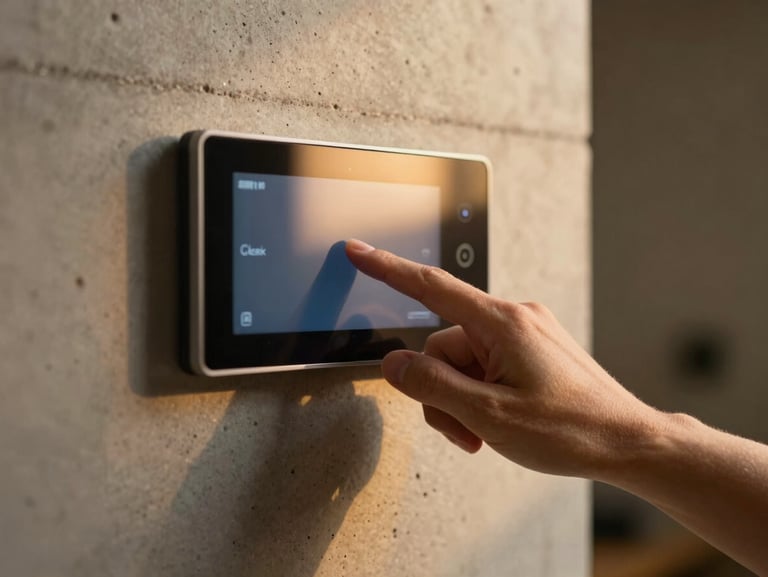 Sleek close-up of a hand adjusting a smart home touch panel on a concrete wall, warm golden light reflecting off the glass screen, cinematic depth of field.