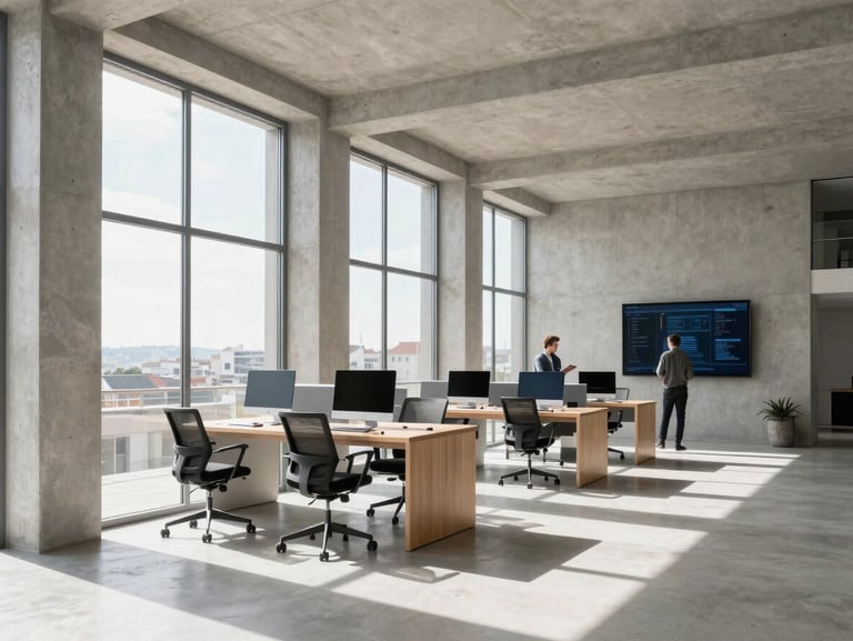 A bright, natural daylight shot of a minimalist modern tech hub interior in Lisbon, clean concrete lines, large windows, a developer focused on a screen in the background.