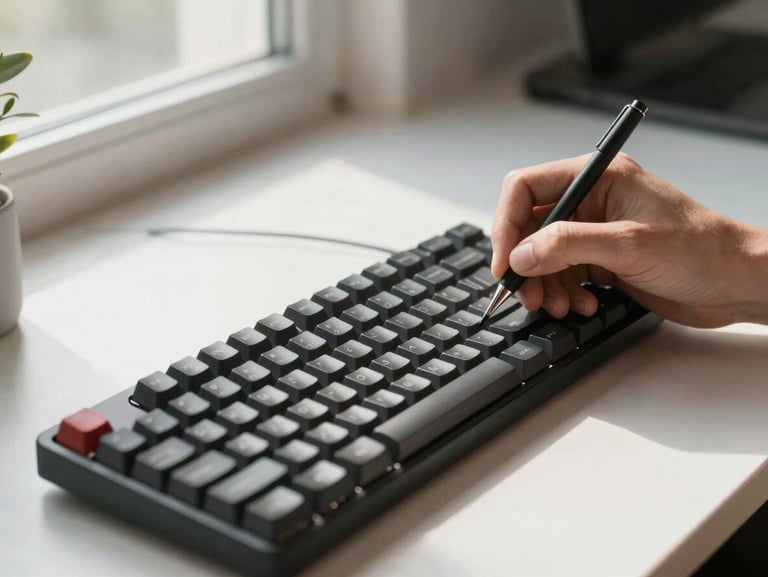 A close-up environmental shot of hands writing clean code on a mechanical keyboard, bright natural light from a side window, minimalist desk setup.