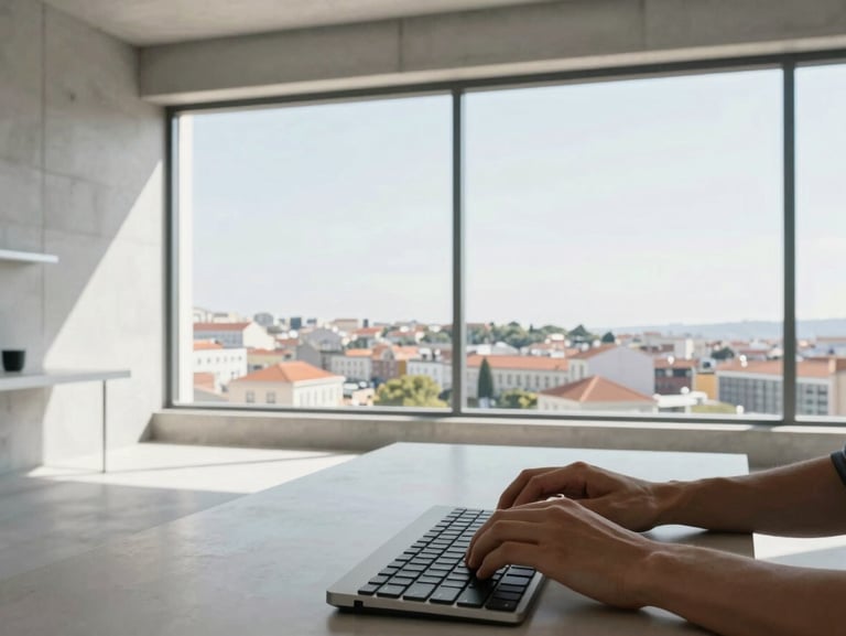 A bright, natural daylight shot of a minimalist modern workspace in Lisbon, clean concrete lines, large window overlooking the city, hands of a developer working on a keyboard in the foreground.