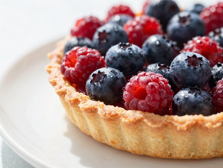 Close-up macro shot of a fresh berry tart with a crisp golden crust on a bright sunlit counter