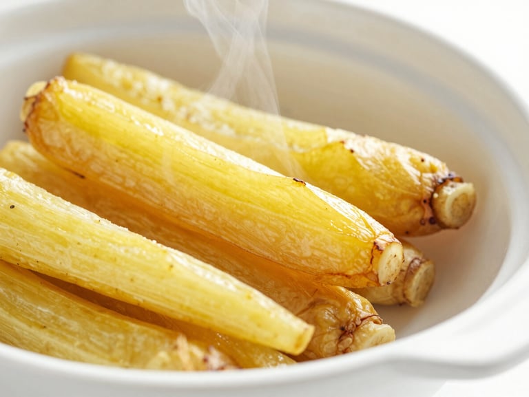 Close-up of golden roasted root vegetables in a white ceramic dish, steam gently rising