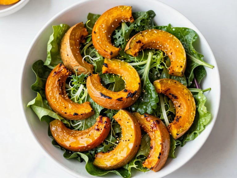 Overhead shot of a vibrant harvest salad with green leafy vegetables and roasted squash in a white bowl