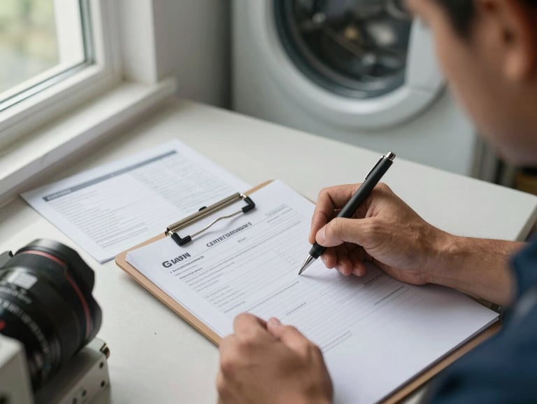 Overhead close-up of a technician's hands filling out an equipment certification form on a clipboard, a heat pump installation spec sheet visible beside it on a residential laundry room counter, natural window light from the left