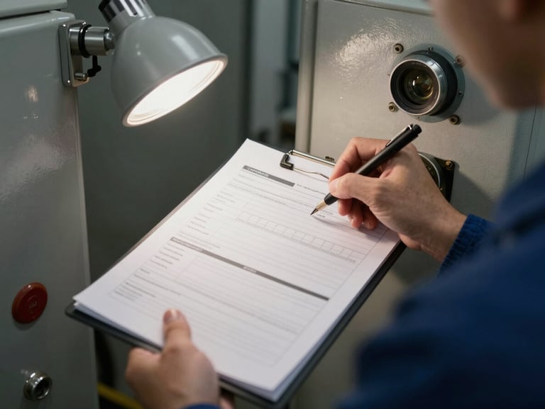 Close-up of a technician's hands writing on a clipboard work order form, mounted on a furnace panel, task light illuminating the paper, blurred mechanical room background