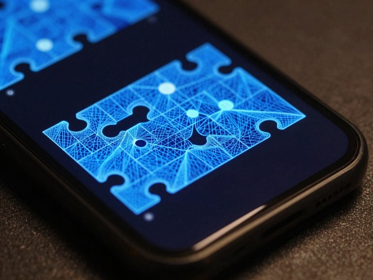 Isometric close-up of a phone screen showing a vibrant blue vector wireframe puzzle game, soft neon glow reflecting on the matte black device frame.