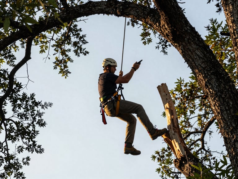 An arborist safely harnessed high in the canopy of a massive live oak, carefully pruning deadwood under early morning light