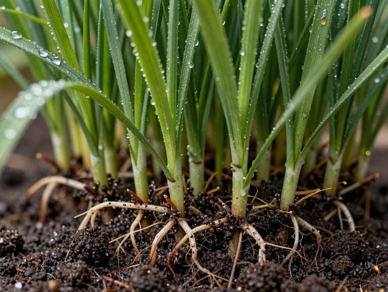 Extreme close-up of healthy St. Augustine grass roots binding with dark, rich soil, morning dew, sharp detail
