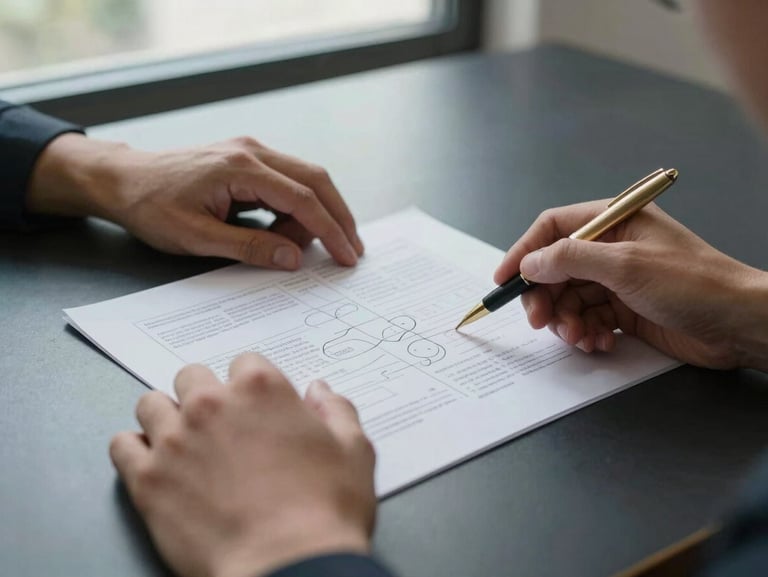Close-up medium shot: two sets of hands on a desk, one pointing at a printed strategic framework page with circled line items and margin annotations; controlled north-facing daylight from a high window; matte black desk surface; no faces visible; gold pen resting beside the document