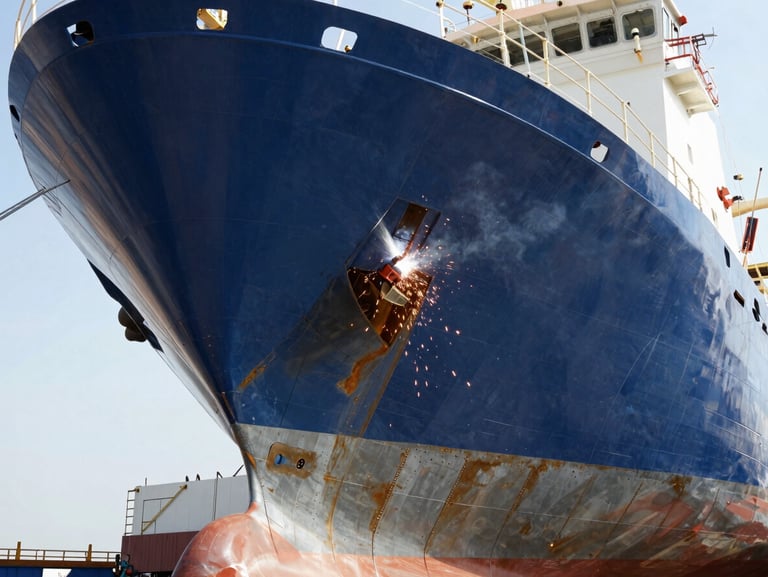 Close-up of a marine vessel hull under construction in a shipyard, steel plates, welding sparks, industrial lighting, high contrast