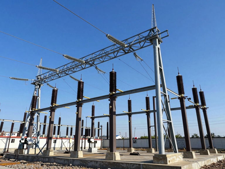 High-voltage electrical substation with steel gantry structures against a crisp blue sky, sharp shadows, daylight