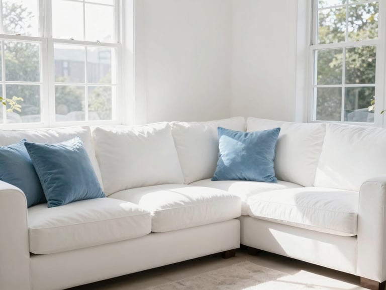 Bright high-key living room photography, natural daylight streaming through windows, pristine white sofas, soft blue cushions, sharp focus