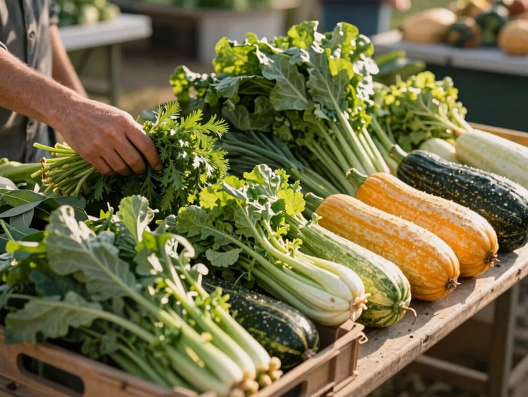Wide environmental shot: a small farm market stall at a weekend farmers market, crates of greens and squash arranged on a table, a hand reaching in from the left to adjust a bunch of herbs, warm golden morning side-light, no faces visible