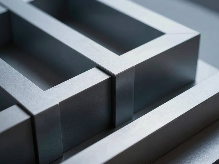 Extreme close-up on a sleek metallic architectural model, sharp geometric angles, cool high-contrast studio lighting.