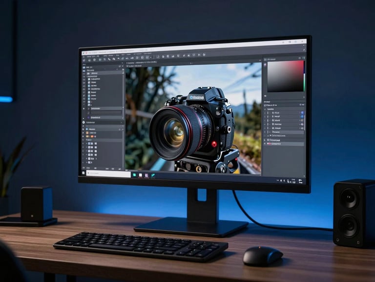 Pristine modern studio workspace, high-contrast digital renders on a screen, cool sapphire ambient light.