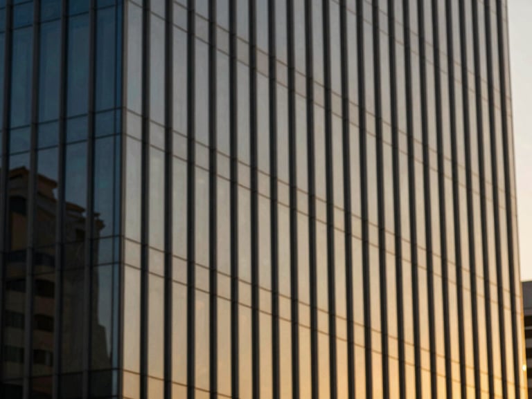Modern architectural glass facade of a financial district building in Cairo, reflecting warm golden hour sunlight, shallow depth of field