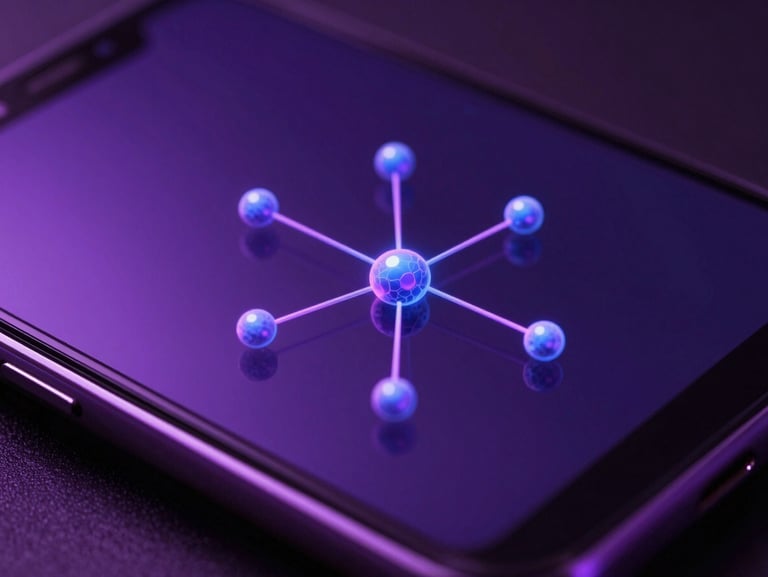 Extreme macro shot of a physical Android device screen reflecting neon violet ambient light. High-fidelity 3D rendering of particle physics on screen, sharp focus, dark background.
