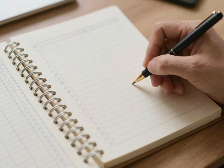 Close overhead of a hand writing in a planning notebook on a desk, columns of figures visible, a simple spreadsheet printout alongside, practical office lighting, warm neutral tones
