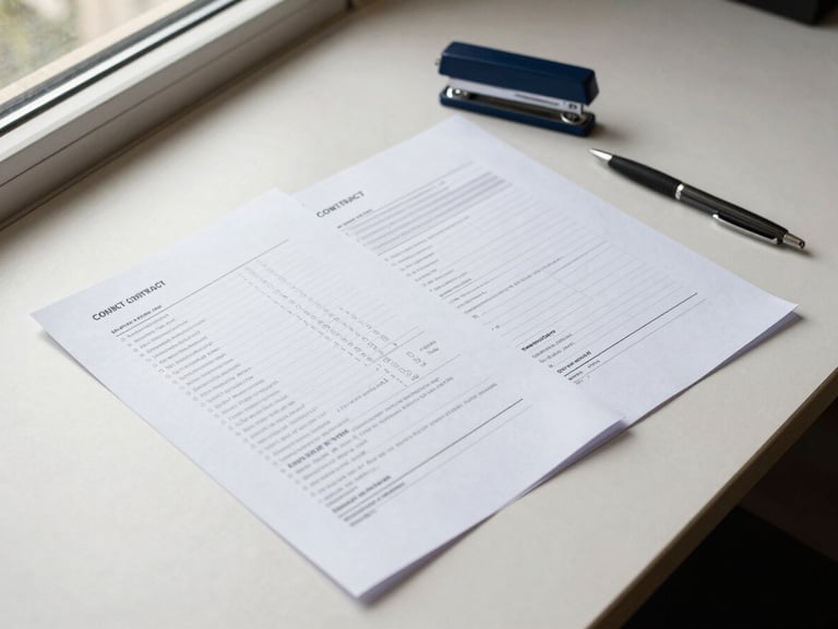Overhead study of contract pages and administrative forms laid flat on a cream-toned desk, a stapler and ballpoint pen resting beside them, natural side-window light, functional composition