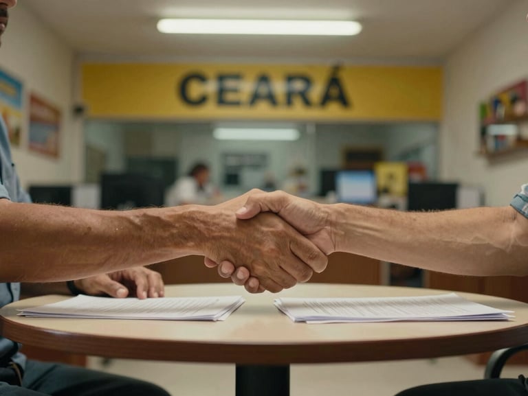 Two pairs of hands across a small office table with documents between them, a handshake beginning, warm overhead practical lighting, interior of a modest Ceará storefront visible in background, functional and grounded
