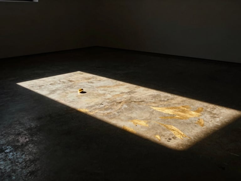 A dramatic gallery interior photograph, high-contrast spotlighting casting deep shadows on a textured concrete floor, warm gold accents.