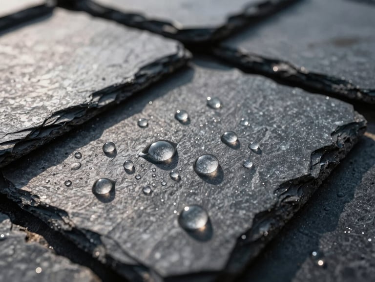 Extreme macro close-up of water beading into perfect spheres on a dark slate roof shingle, bright direct sunlight, high contrast, hydrophobic effect