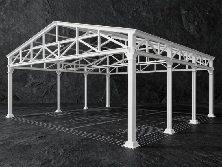 Architectural blueprint rendering of a clear-span steel frame structure, clean white lines on a dark slate background, showcasing the open interior volume.
