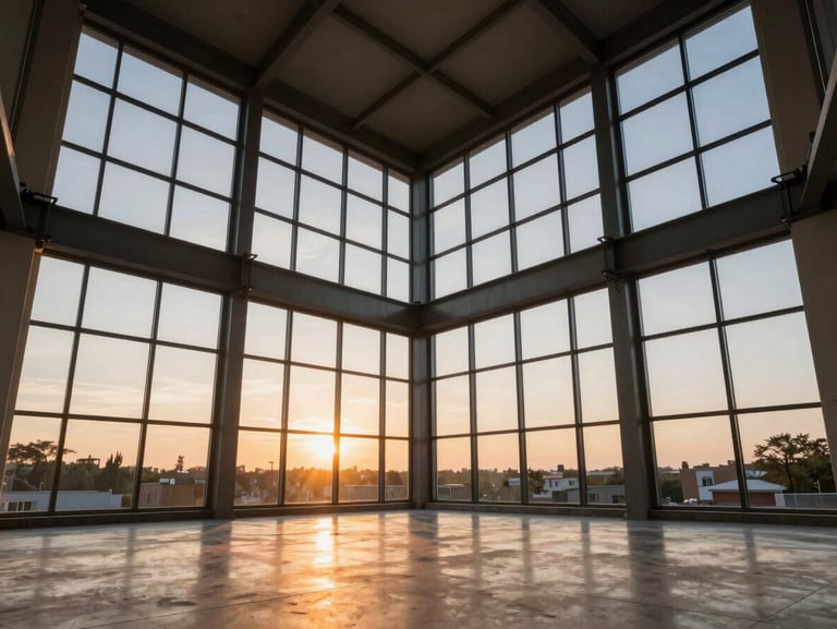 Interior of a soaring double-height living space with massive clear-span steel frames, completely open floor plan, warm sunset light pouring through floor-to-ceiling windows