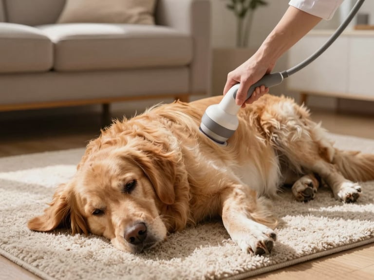 Soft sunlight illuminating a calm golden retriever lying on a plush living room rug, a professional hand gently applying a therapeutic laser device to its hip, warm home atmosphere.
