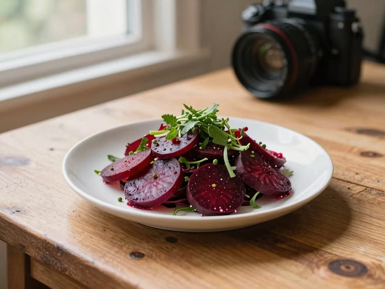 A camera rig positioned on a rustic wooden table, focusing on a beautifully plated heirloom beet salad, natural side light from a window.