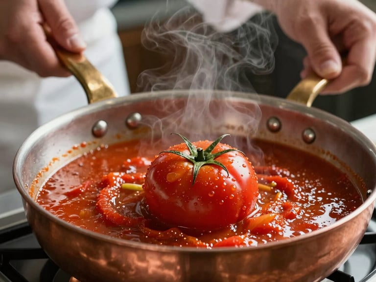 Macro detail shot of a rich red tomato reduction glistening in a copper pan, chef's hands holding the handle, steam rising, warm ambient kitchen glow.