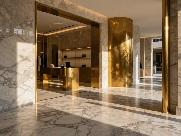 Interior of a luxury retail showroom in Riyadh, veined marble floors, brushed brass fixtures, dramatic architectural lighting, high-contrast shadows, 35mm lens