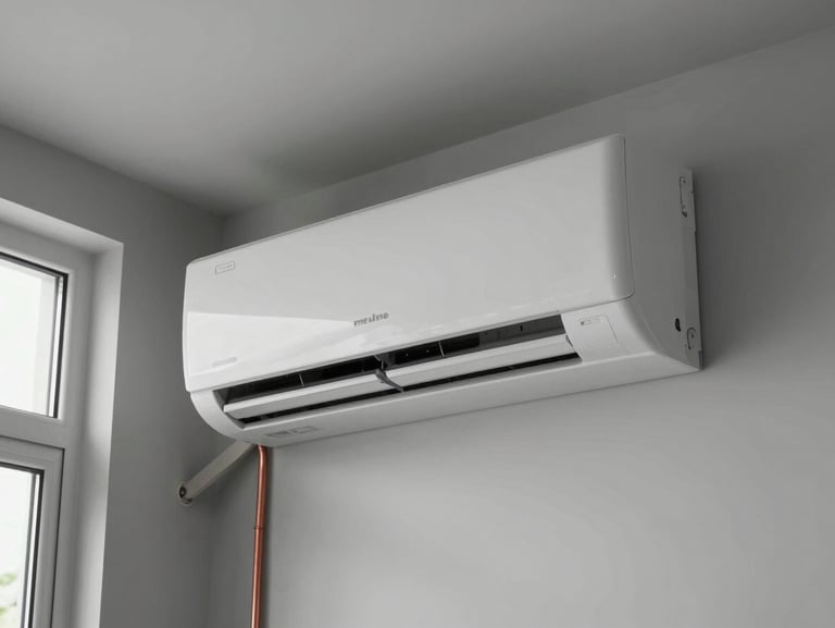 Close-up of a wall-mounted split air conditioning unit installed in a clean residential room, copper refrigerant lines neatly routed along the wall, natural daylight from a side window, muted gray walls, no people