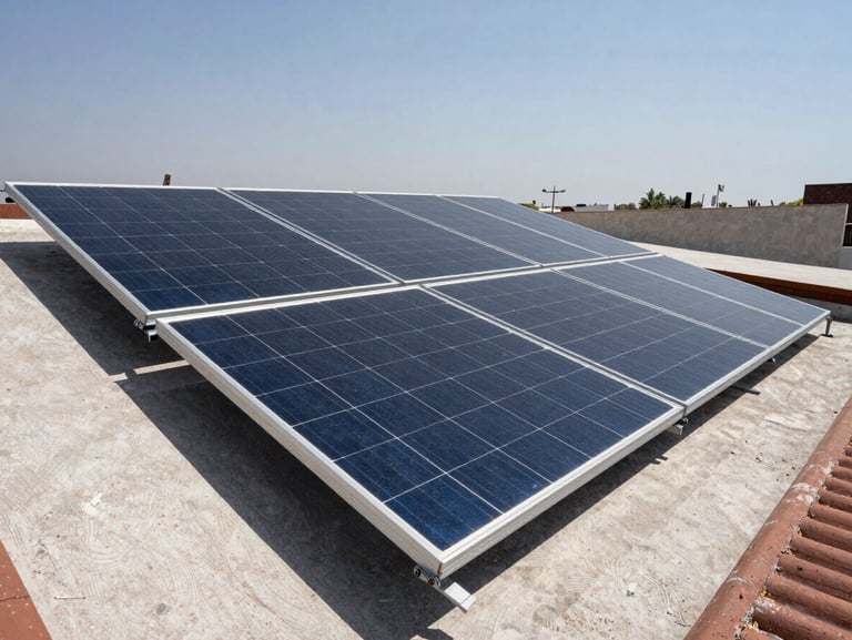 Overhead angle of photovoltaic solar panels mounted flush on a residential rooftop in Guadalajara, midday direct sunlight casting short shadows, aluminum mounting rails visible, sky clear with slight haze, no people