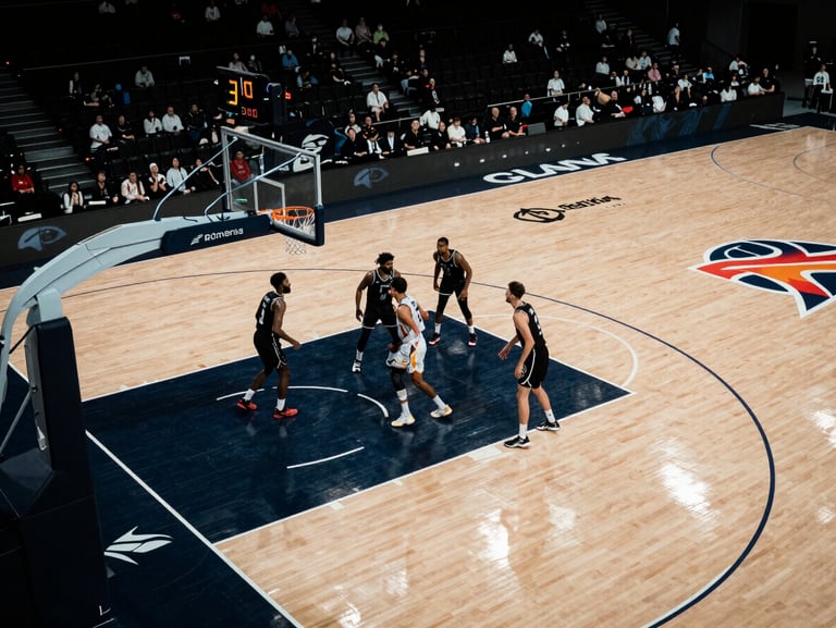 Overhead wide shot of a basketball court mid-game, players clustered under the basket, venue lighting casting hard shadows, sponsor banners visible along the sideline