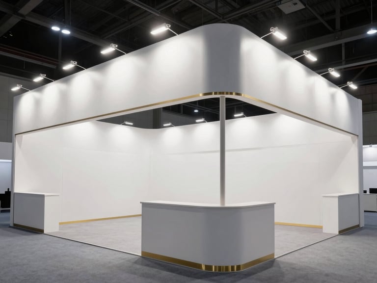 Ultra-wide shot of a massive, pristine custom exhibition stall under high-contrast architectural spotlights, seamless white panels, gold accents, no people