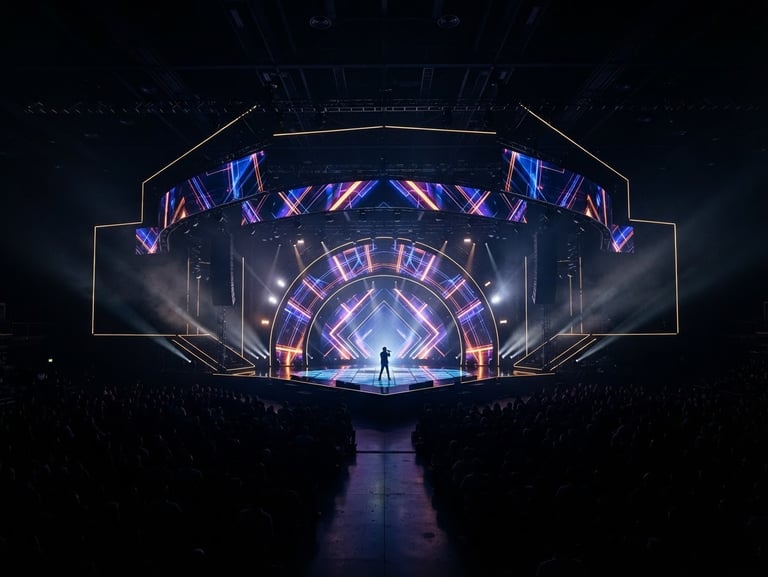 Wide architectural shot of a dramatic, high-contrast LED stage setup in a dark room, minimal gold lighting accents, deep shadows, premium event production scale.